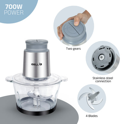 IBELL MT200GM Electric Chopper - 2 Litre Glass Bowl, 700W, Multi Purpose for Cutting Slicing Meat, Vegetables, Nuts & Fruits (Silver)