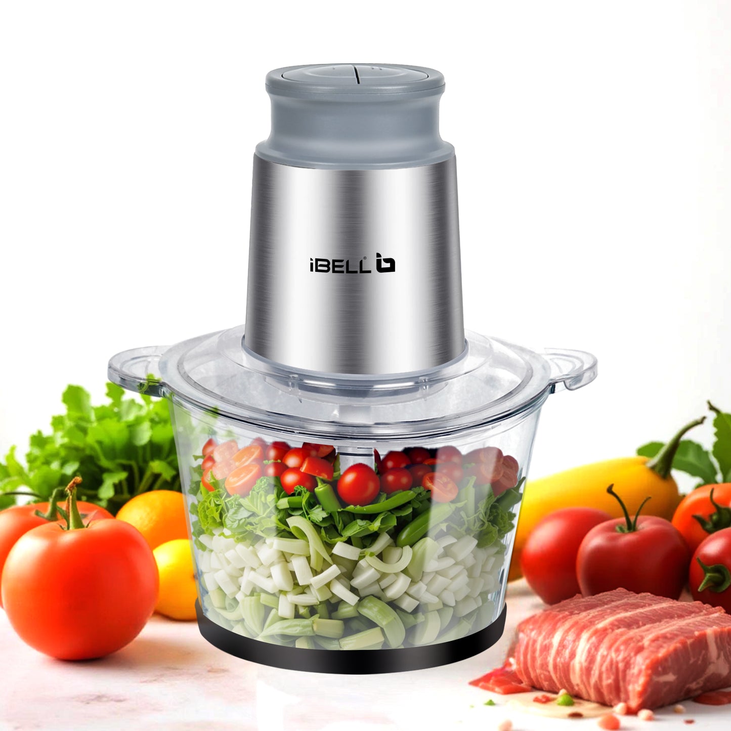 IBELL MT200GM Electric Chopper - 2 Litre Glass Bowl, 700W, Multi Purpose for Cutting Slicing Meat, Vegetables, Nuts & Fruits (Silver)