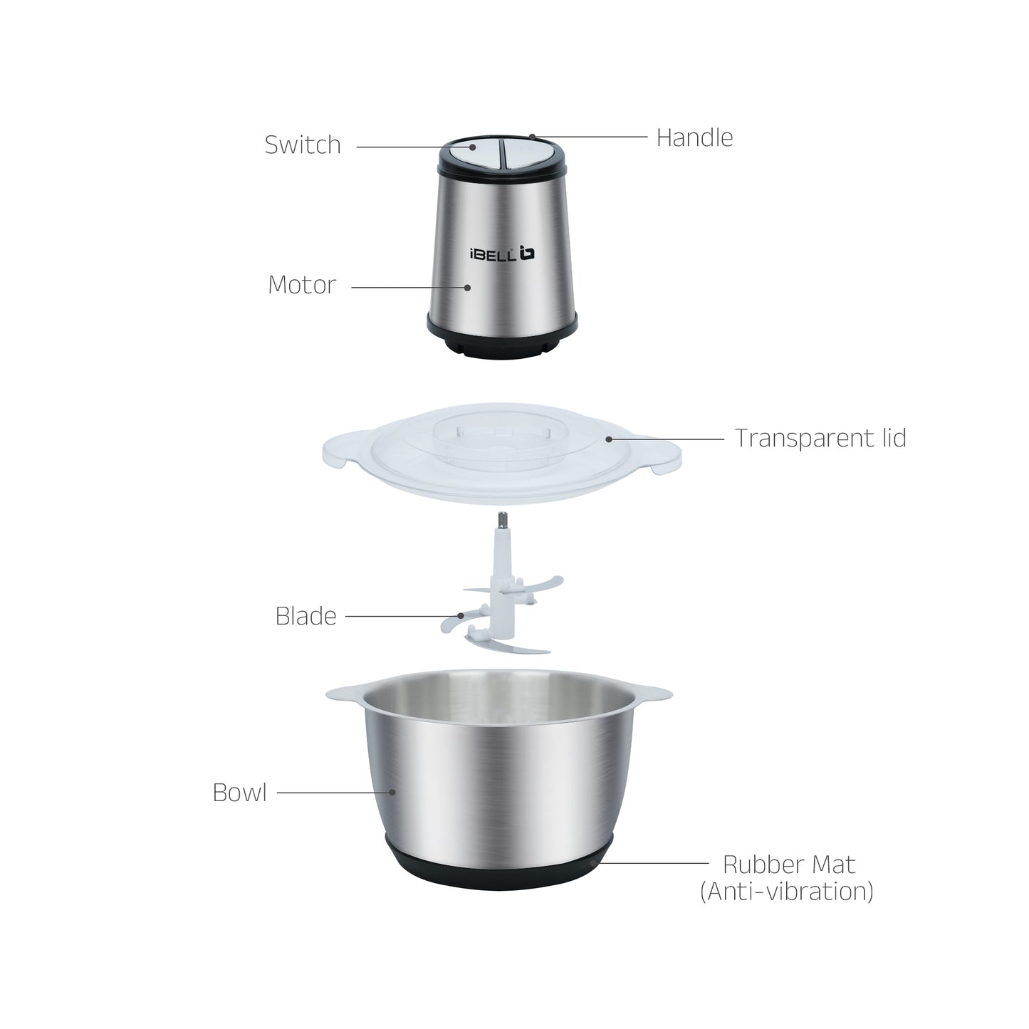 IBELL MT200SM Electric Chopper - 2 Litre Stainless Steel Bowl, 700W, Multi Purpose for Cutting Slicing Meat, Vegetables, Nuts & Fruits (Silver)