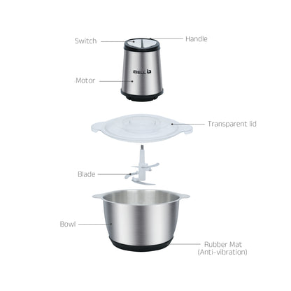 IBELL MT200SM Electric Chopper - 2 Litre Stainless Steel Bowl, 700W, Multi Purpose for Cutting Slicing Meat, Vegetables, Nuts & Fruits (Silver)