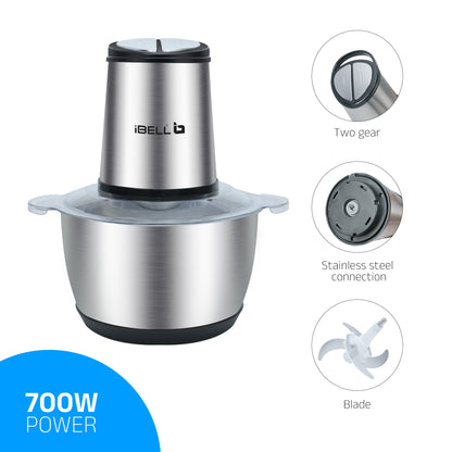 IBELL MT200SM Electric Chopper - 2 Litre Stainless Steel Bowl, 700W, Multi Purpose for Cutting Slicing Meat, Vegetables, Nuts & Fruits (Silver)