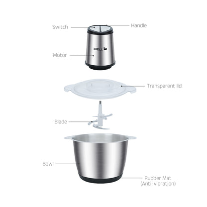 IBELL MT300SM Electric Chopper - 3 Litre Stainless Steel Bowl, 800W, Multi Purpose for Cutting Slicing Meat, Vegetables, Nuts & Fruits (Silver)