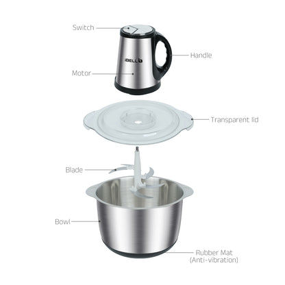 IBELL Electric Chopper, Large Size (5L) for Kitchen Use, 1200W, Stainless Steel Blade, Multi Purpose for Cutting, Slicing Meat, Vegetables, Nuts & Fruits, MT500SM (Silver)