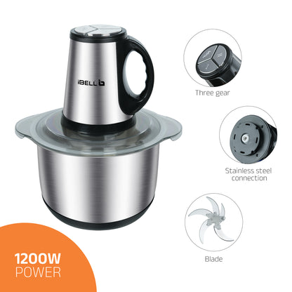 IBELL Electric Chopper, Large Size (5L) for Kitchen Use, 1200W, Stainless Steel Blade, Multi Purpose for Cutting, Slicing Meat, Vegetables, Nuts & Fruits, MT500SM (Silver)