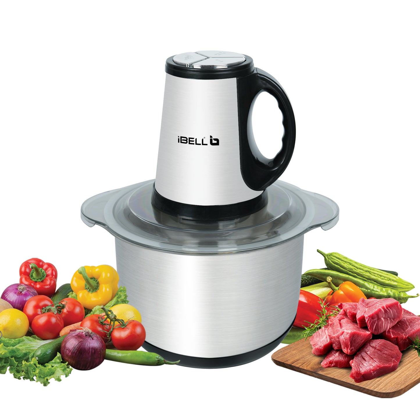 IBELL Electric Chopper, Large Size (5L) for Kitchen Use, 1200W, Stainless Steel Blade, Multi Purpose for Cutting, Slicing Meat, Vegetables, Nuts & Fruits, MT500SM (Silver)