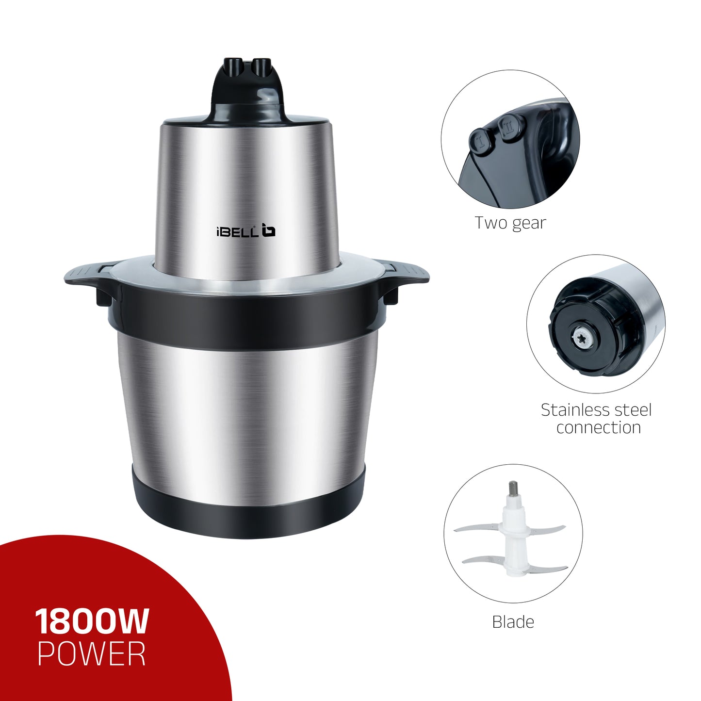 IBELL MT600SM Electric Chopper - 6 Litre Stainless Steel Bowl, 1800W, Multi Purpose for Cutting Slicing Meat, Vegetables, Nuts & Fruits (Silver)