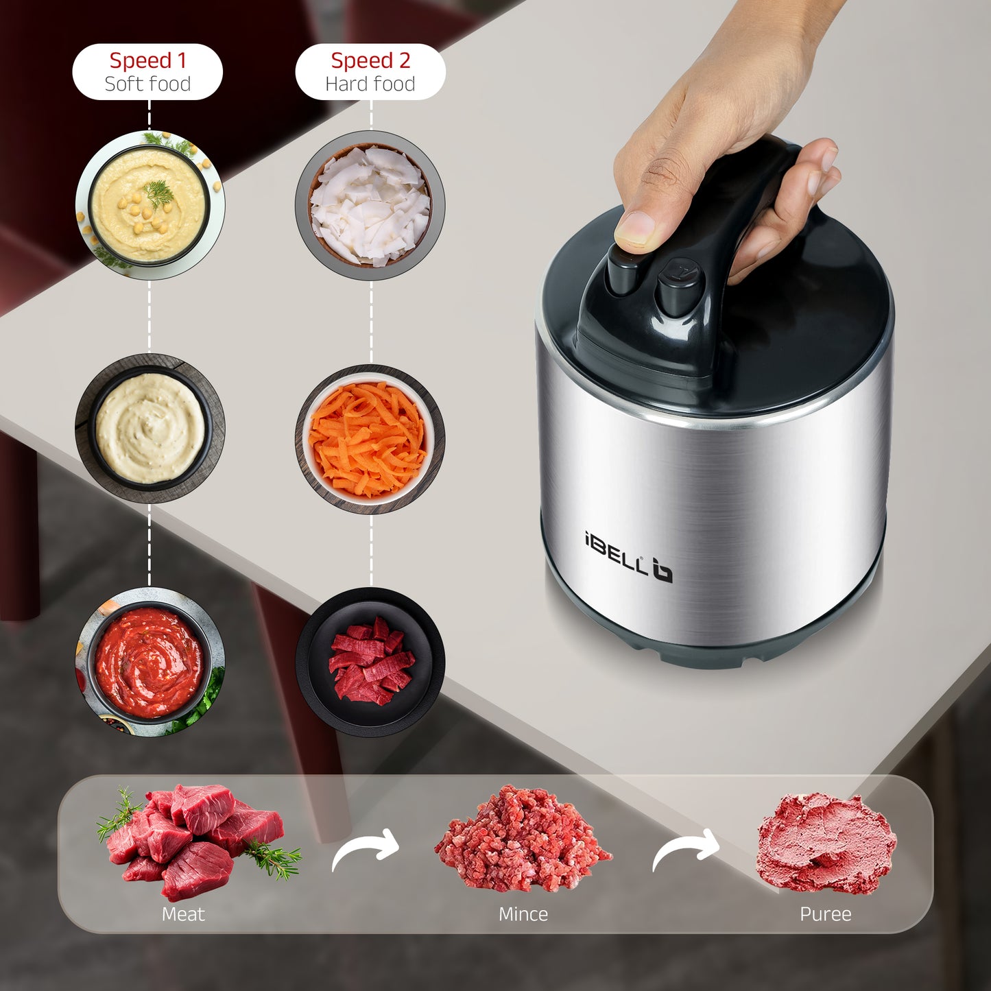 IBELL MT600SM Electric Chopper - 6 Litre Stainless Steel Bowl, 1800W, Multi Purpose for Cutting Slicing Meat, Vegetables, Nuts & Fruits (Silver)