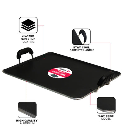 IBELL 3833DLX Non Stick Tawa, Dosa Roti Chapati Pathiri Tawa, Large Rectangular Aluminium Body with Bended Edge, 37.5cm x 31.5cm with 5mm Thickness (Black)