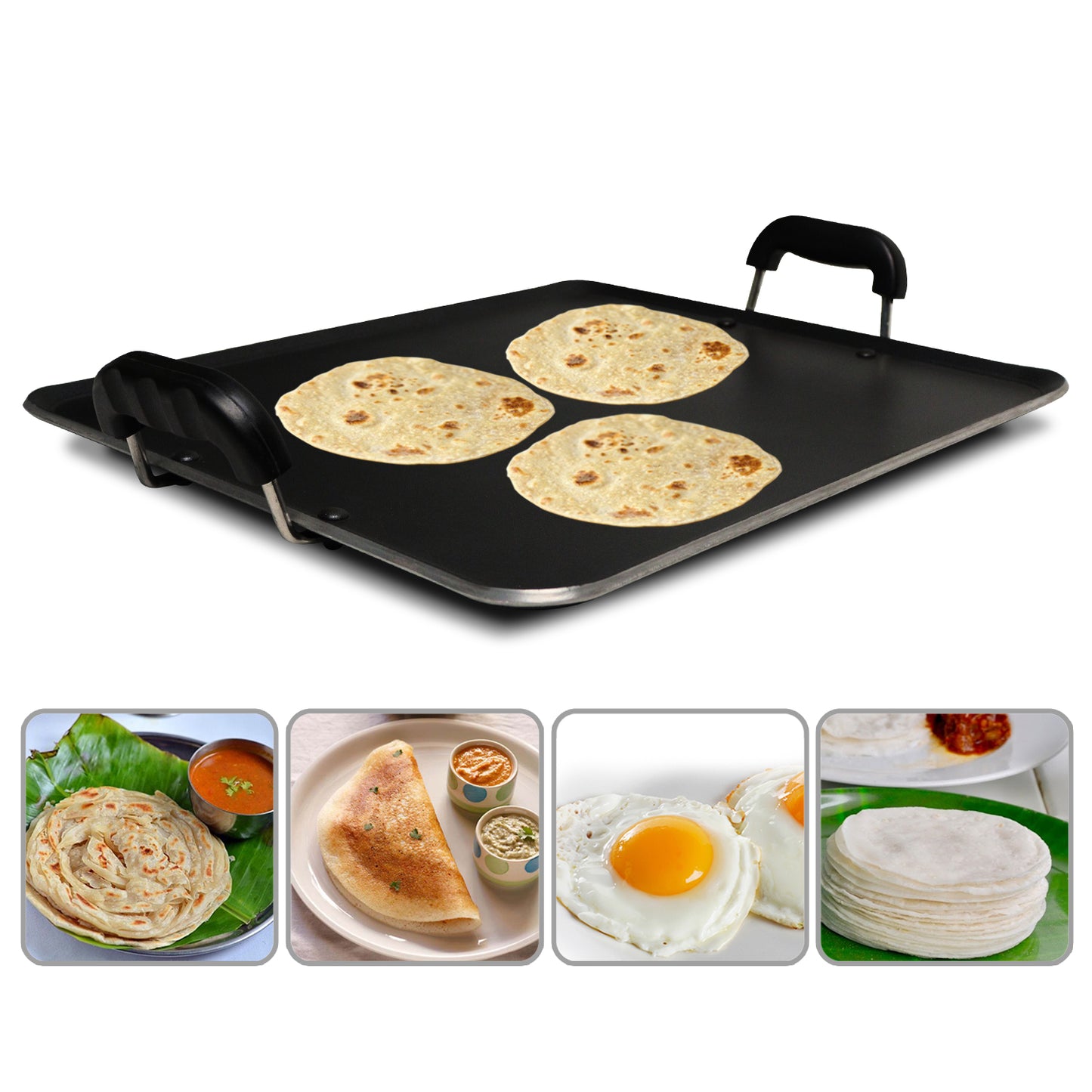 IBELL 3833DLX Non Stick Tawa, Dosa Roti Chapati Pathiri Tawa, Large Rectangular Aluminium Body with Bended Edge, 37.5cm x 31.5cm with 5mm Thickness (Black)