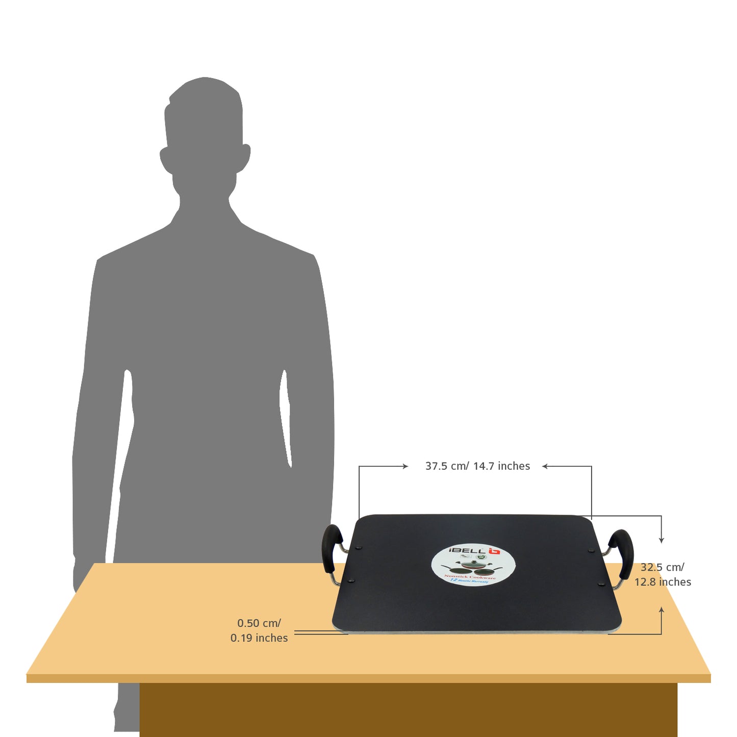 IBELL PT3833 Non Stick Tawa, Dosa Roti Chapati Pathiri Tawa, Large Rectangular Aluminium Body, 38cm x 33cm with 5mm Thickness (Black)