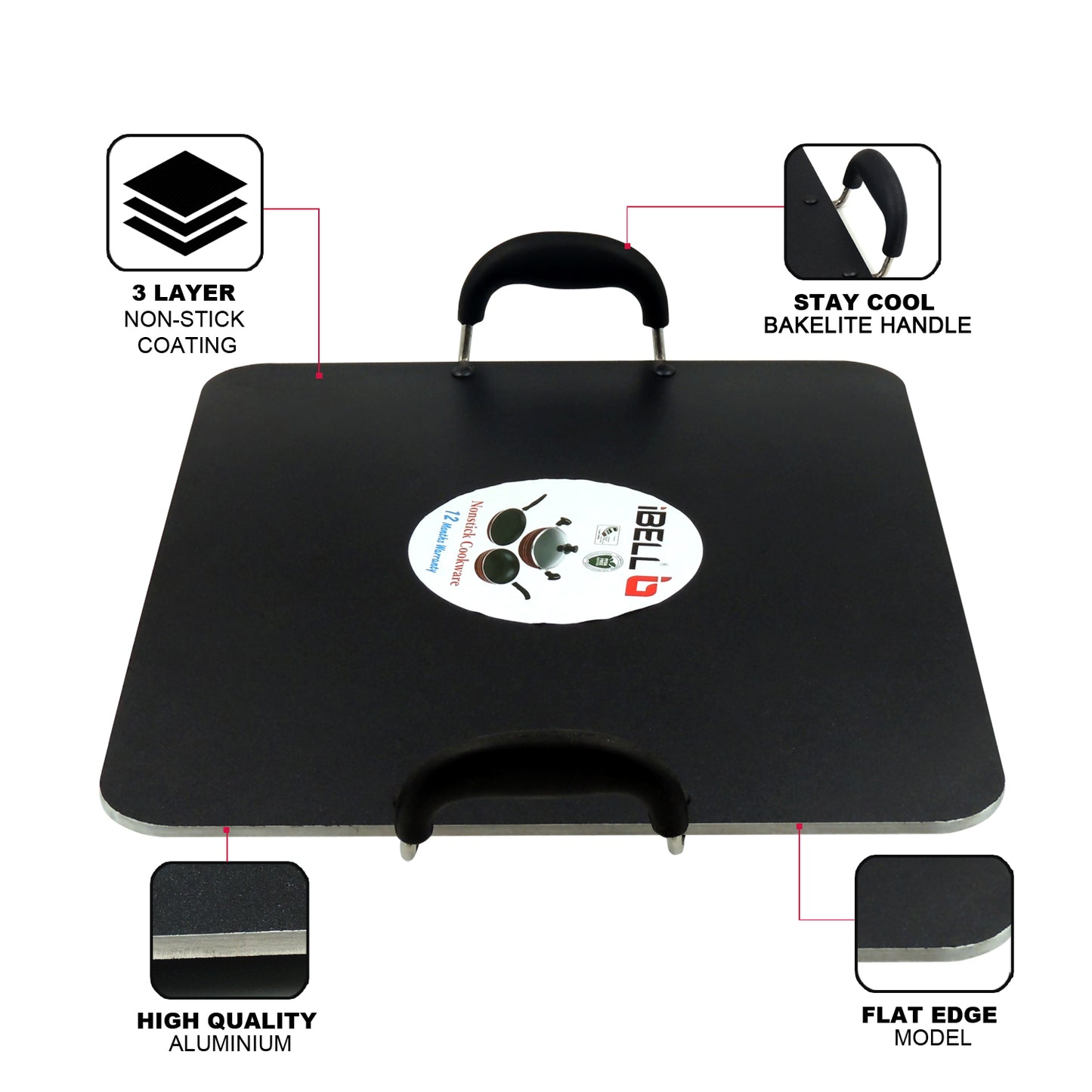IBELL PT3833 Non Stick Tawa, Dosa Roti Chapati Pathiri Tawa, Large Rectangular Aluminium Body, 38cm x 33cm with 5mm Thickness (Black)