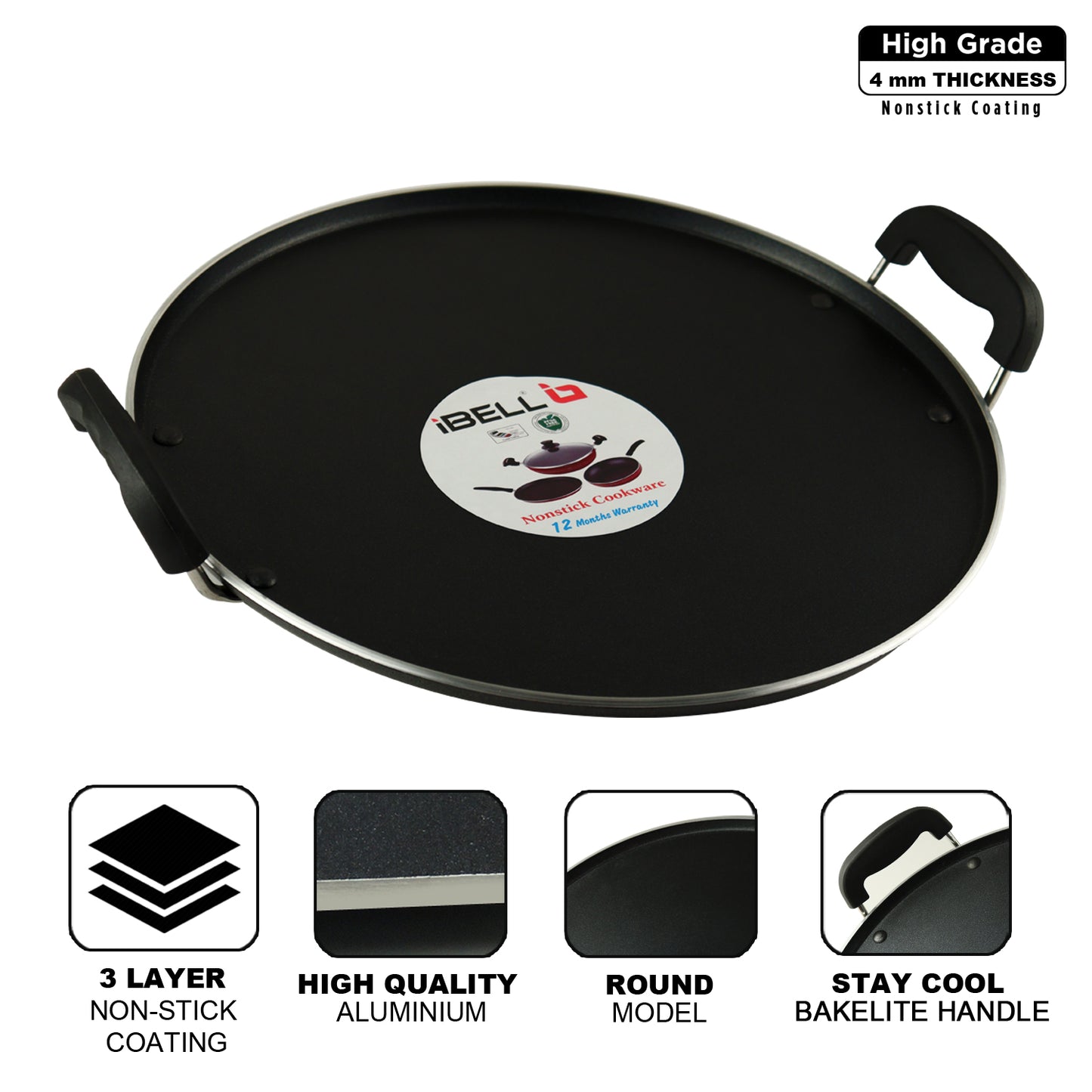 iBELL IBLRT32 Non Stick Dosa, Roti, Chapati, Pathiri Tawa-4mm Large Round Aluminium Body, Black