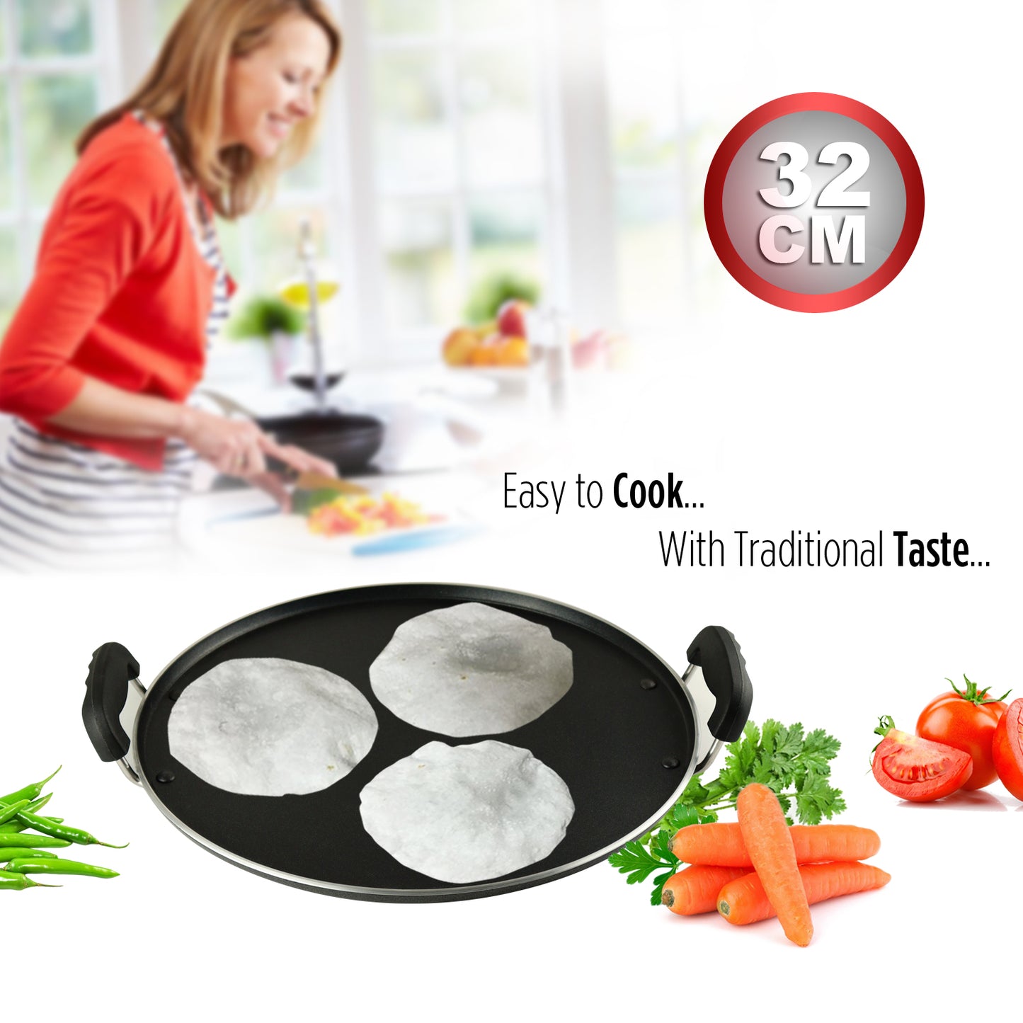 iBELL IBLRT32 Non Stick Dosa, Roti, Chapati, Pathiri Tawa-4mm Large Round Aluminium Body, Black