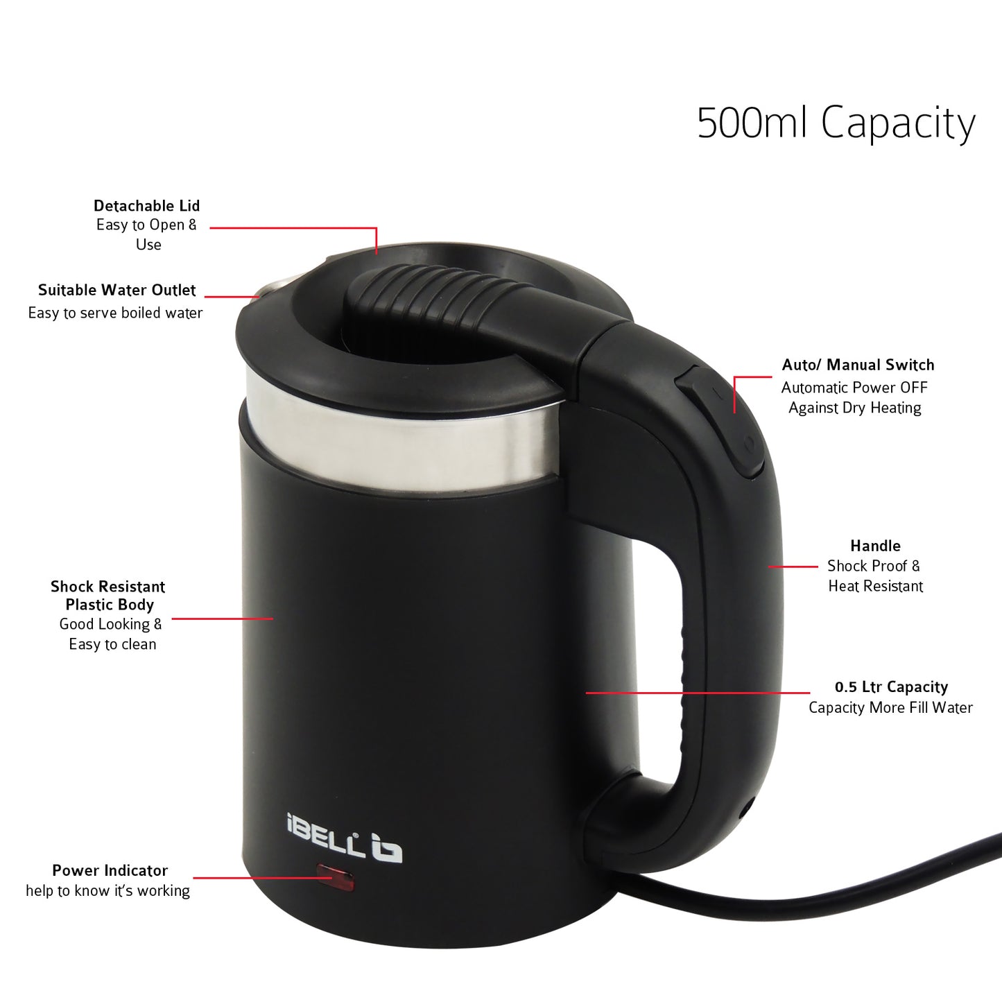iBELL SEK105 Electric Kettle With Removable Lid, 0.5 Ltrs, 950W Highly Polished Stainless Steel (Silver)