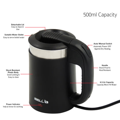 iBELL Sek105Bl Electric Kettle 500 Ml With Removable Lid,950 Watt,Auto Cut Off Function,Stainless Steel With Insulation,2 Glasses Free,Double Wall Kettle (Black),950 Watts,0.5 Liter