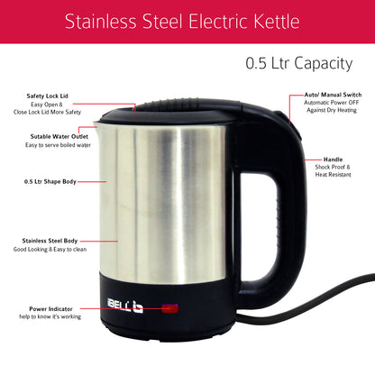 iBELL SEK105 Electric Kettle With Removable Lid, 0.5 Ltrs, 950W Highly Polished Stainless Steel (Silver)