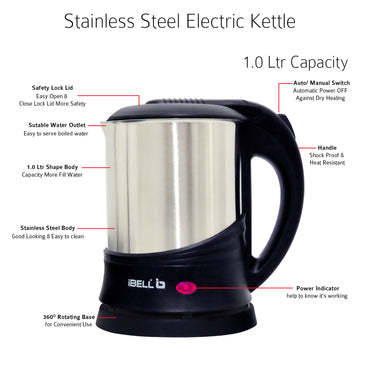 IBELL SEK110 Electric Kettle 1L- 1350W Stainless Steel, 360 degree Cordless Rotating Base, Auto Cut Off Function (Black)