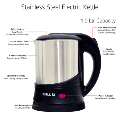 IBELL SEK110 Electric Kettle 1L- 1350W Stainless Steel, 360 degree Cordless Rotating Base, Auto Cut Off Function (Black)
