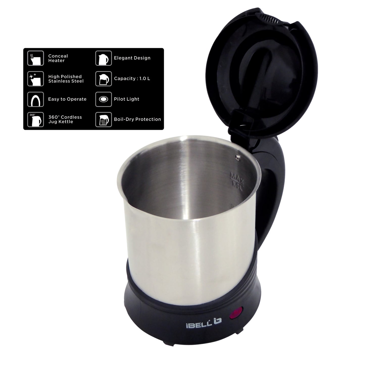 IBELL SEK110 Electric Kettle 1L- 1350W Stainless Steel, 360 degree Cordless Rotating Base, Auto Cut Off Function (Black)