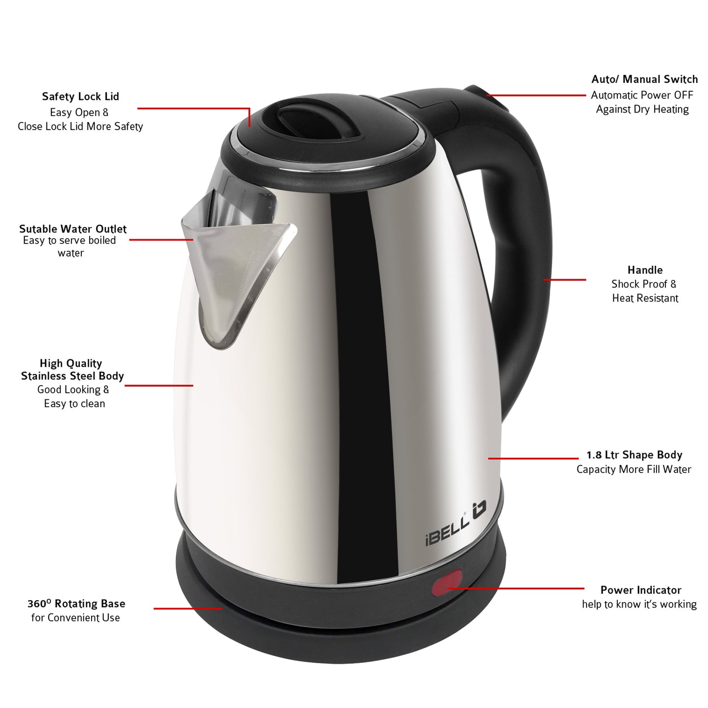 iBELL Electric Kettle 1.8 Litre, 1800W Stainless Steel Body, Auto Cut-Off & Rapid Boil, Durable & Easy to Clean Kettle for Hot Water, Tea, Coffee, and More (Silver)