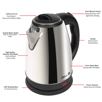 iBELL Electric Kettle 1.8 Litre, 1800W Stainless Steel Body, Auto Cut-Off & Rapid Boil, Durable & Easy to Clean Kettle for Hot Water, Tea, Coffee, and More (Silver)
