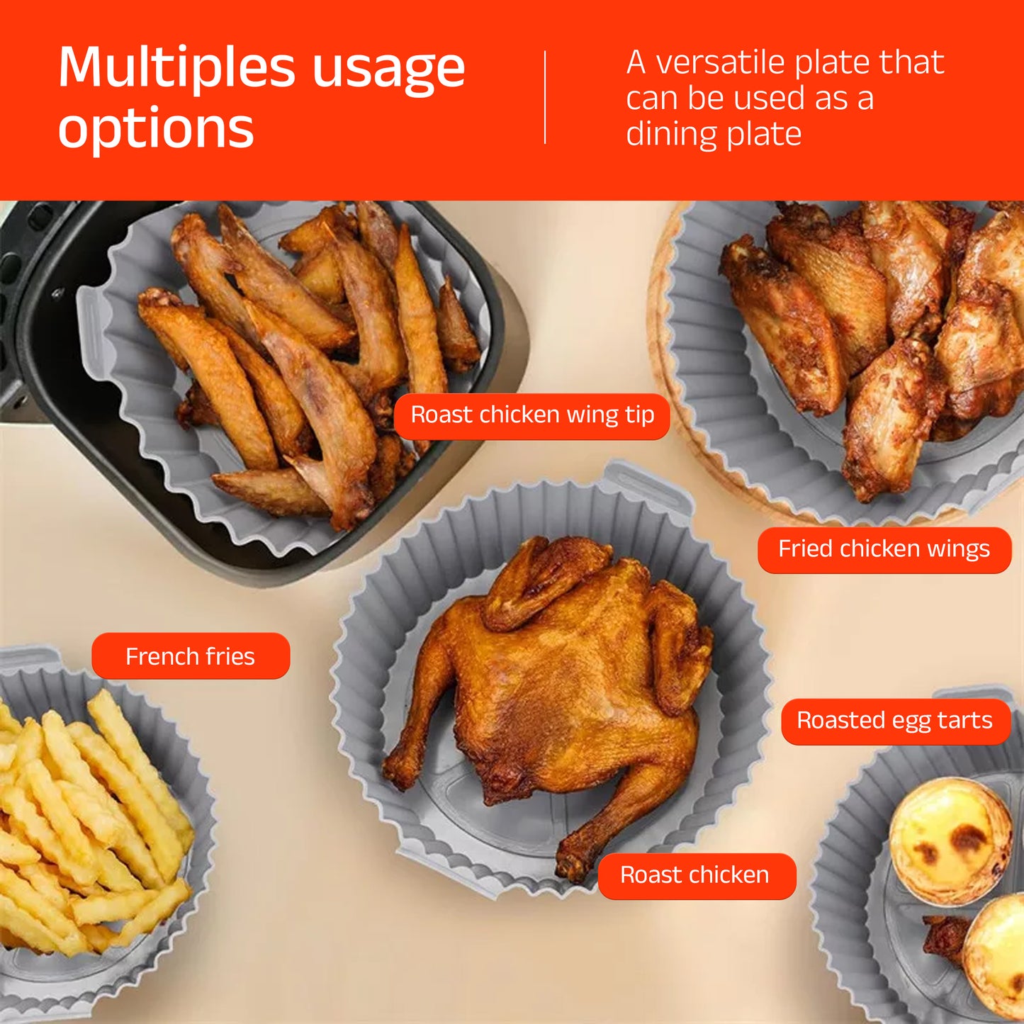 IBELL SILICONE190G Round Silicone Tray for Air Fryer/Oven, Heat Resistant, Flexible, Multi Purpose, Raised Edge, Reusable, Washable Tray with Small to Extra Large Size (Pack of 6)