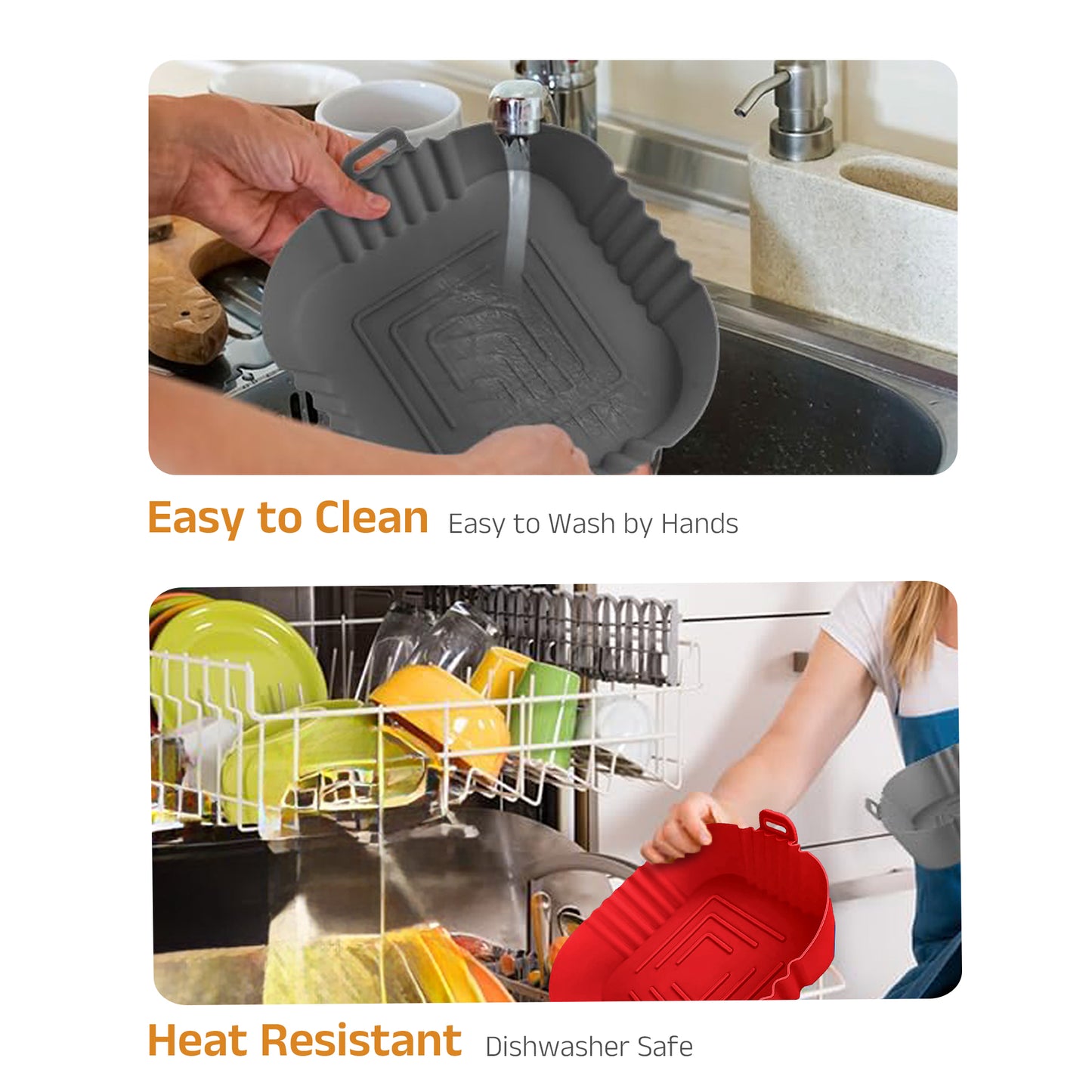 IBELL SILICONE110G Square Silicone Tray for Air Fryer/Oven/Refrigerator, Heat Resistant, Wave Design, Raised Edge, Reusable, Washable Tray with Handles (Pack of 2)