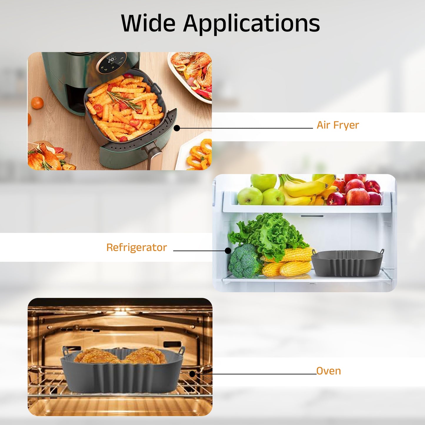 IBELL SILICONE110G Square Silicone Tray for Air Fryer/Oven/Refrigerator, Heat Resistant, Wave Design, Raised Edge, Reusable, Washable Tray with Handles (Pack of 2)