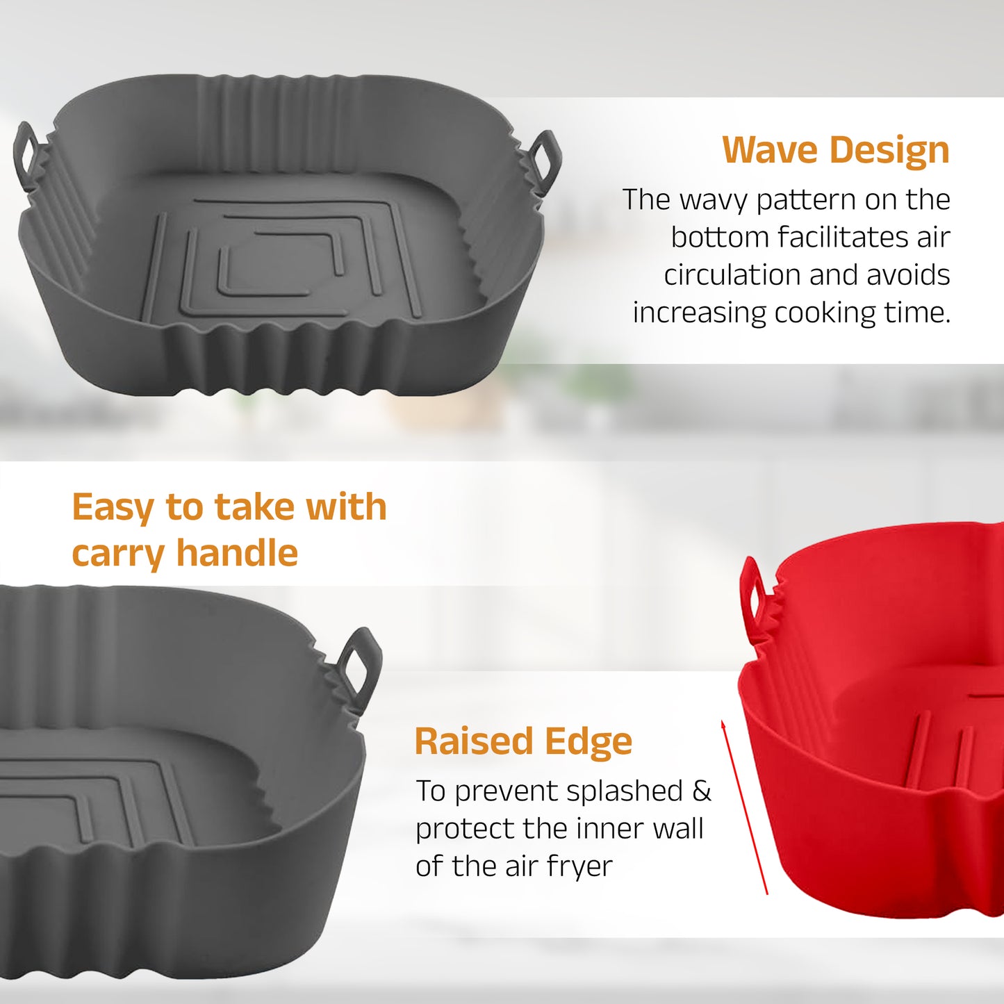 IBELL SILICONE110G Square Silicone Tray for Air Fryer/Oven/Refrigerator, Heat Resistant, Wave Design, Raised Edge, Reusable, Washable Tray with Handles (Pack of 2)