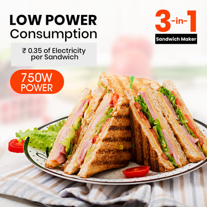 iBELL SM1301 3-in-1 Sandwich Maker, Big Size, 750 Watt, with Detachable Plates for Toast/Waffle/Grill (24 x 24 x 10 cm)