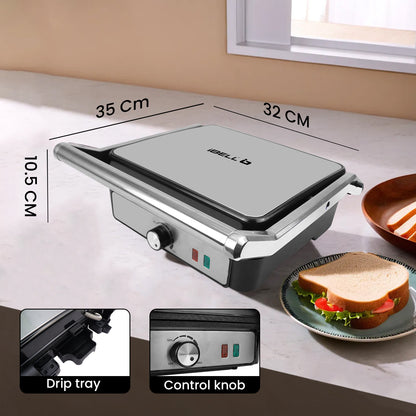 iBELL SM1320G Sandwich Maker Grill and Toast Electric, 2000W, Big Size Fits 4 Bread Slices, Thermostat Knob (Silver, 34 x 34 x 12 cm)
