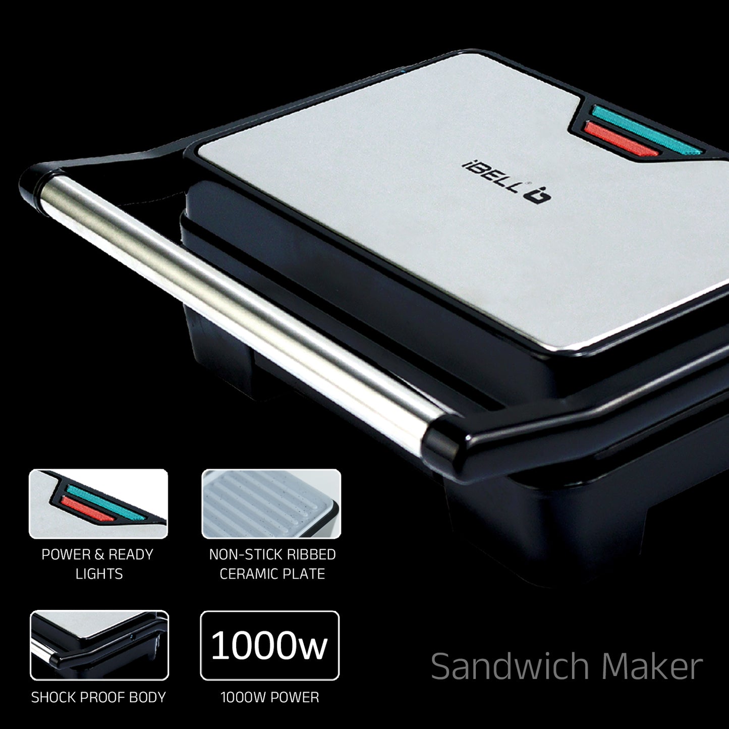 IBELL SM1515C Electric Sandwich Maker 1000W With Non Toxic Ceramic Coated Plates, Floating Hinges, Adjustable Size, Panini/Toaster/Grill(black)