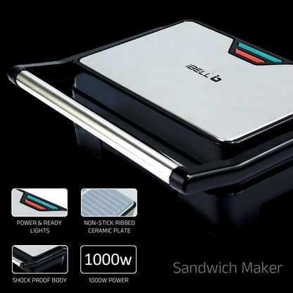 IBELL SM1515C Electric Sandwich Maker 1000W With Non Toxic Ceramic Coated Plates, Floating Hinges, Adjustable Size, Panini/Toaster/Grill(black)