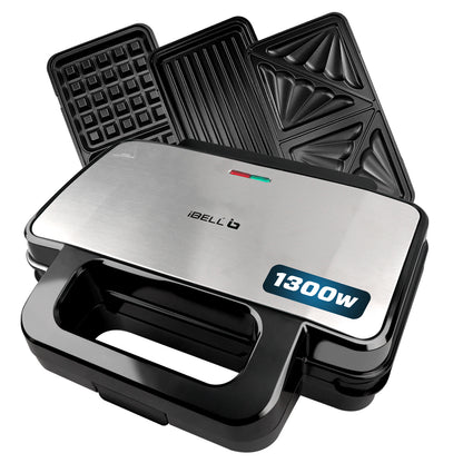 iBELL Sm3010M 3-In-1 Sandwich Maker Big Size, 1300 Watt, 2 Year Warranty, With Automatic Temperature Control And Detachable Plates For Toast/Waffle/Grill (28.5 X 25 10 Cmblack 3010)