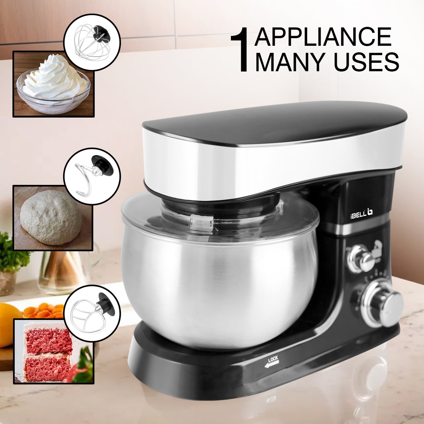 iBELL SM4300S Stand Mixer with Tilt-up Head, 1000W, 6 Speed Control, 3L Stainless Steel Bowl with Locking System, 100% Copper Motor, Multipurpose Food Mixer (Black)