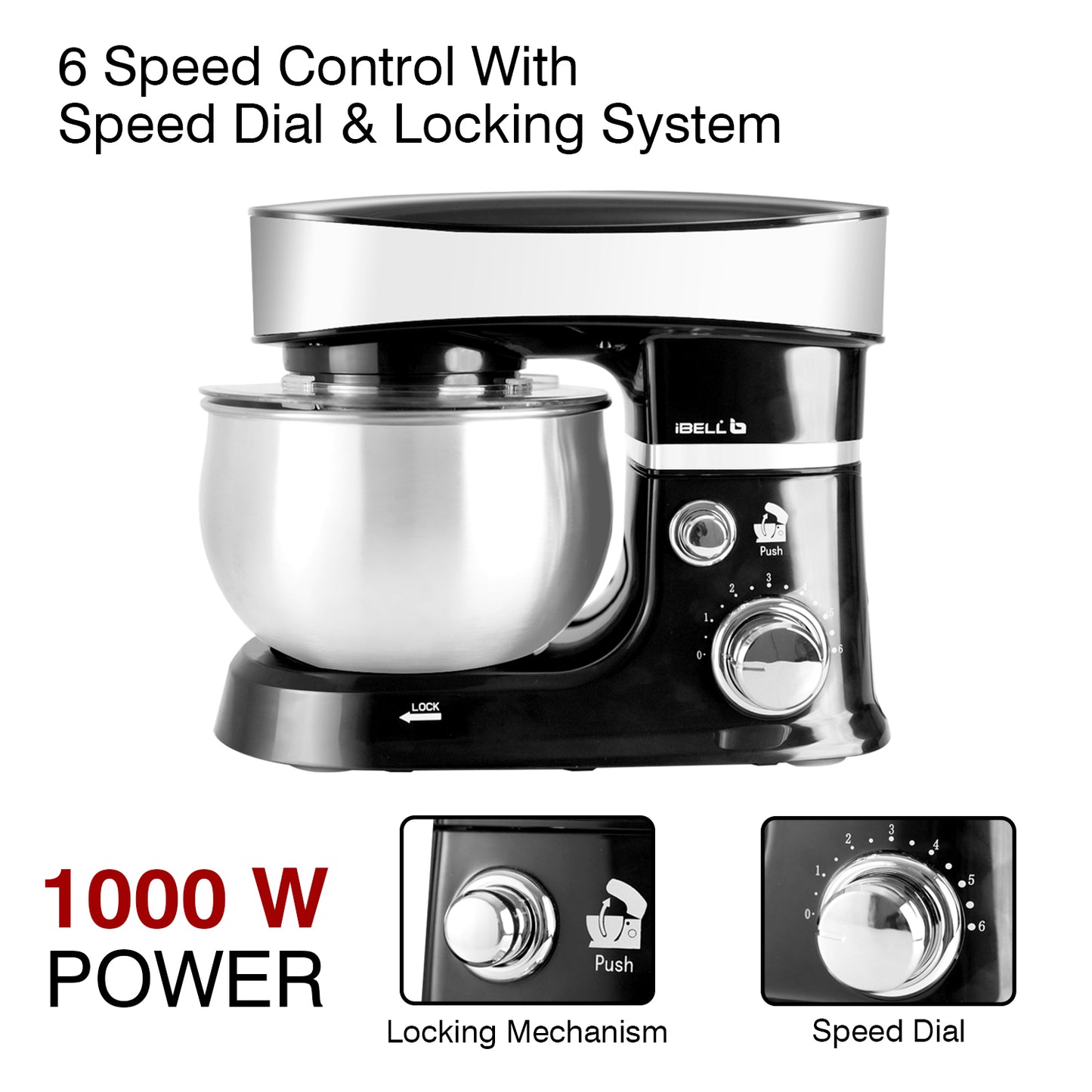 iBELL SM4300S Stand Mixer with Tilt-up Head, 1000W, 6 Speed Control, 3L Stainless Steel Bowl with Locking System, 100% Copper Motor, Multipurpose Food Mixer (Black)
