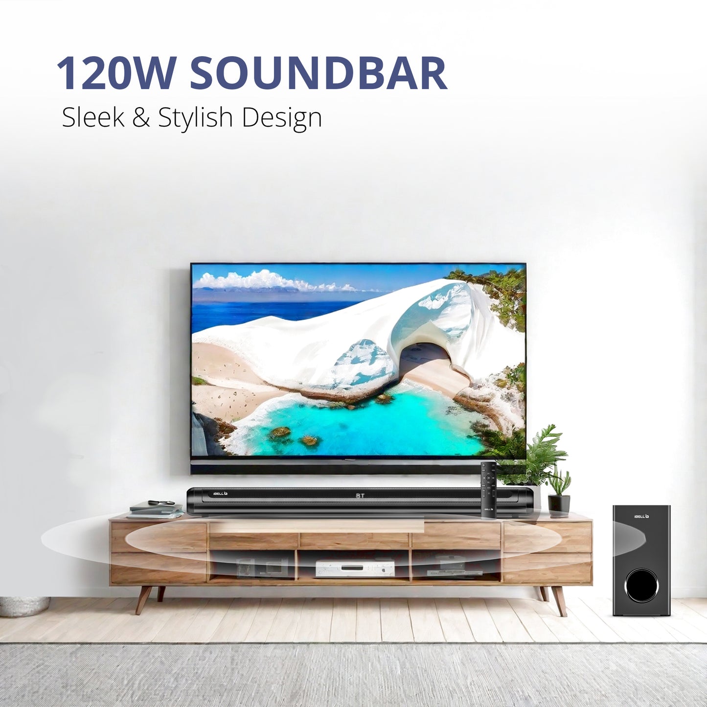 IBELL SONIC120 Bluetooth Soundbar with Woofer, 120W Speaker, Sleek Wall-Mountable Design, Multi-Connectivity ARC, Optical, USB, AUX, Crystal-Clear Home Theatre Audio, Remote Control (Black)