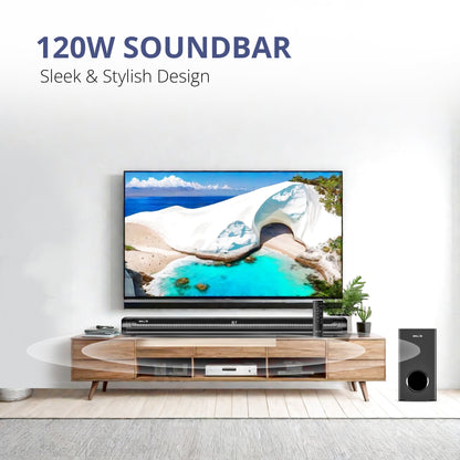 IBELL SONIC120 Bluetooth Soundbar with Woofer, 120W Speaker, Sleek Wall-Mountable Design, Multi-Connectivity ARC, Optical, USB, AUX, Crystal-Clear Home Theatre Audio, Remote Control (Black)