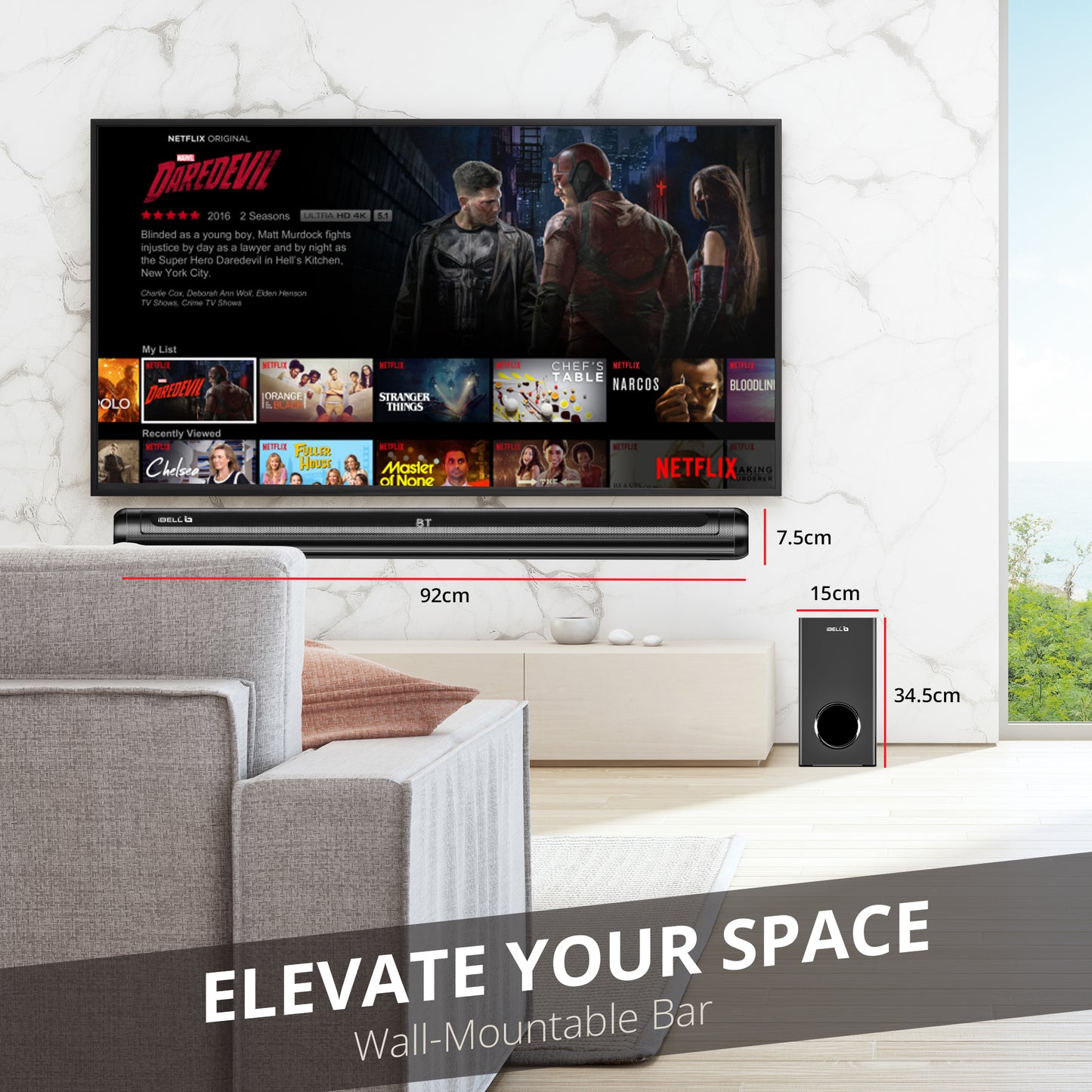 IBELL SONIC120 Bluetooth Soundbar with Woofer, 120W Speaker, Sleek Wall-Mountable Design, Multi-Connectivity ARC, Optical, USB, AUX, Crystal-Clear Home Theatre Audio, Remote Control (Black)