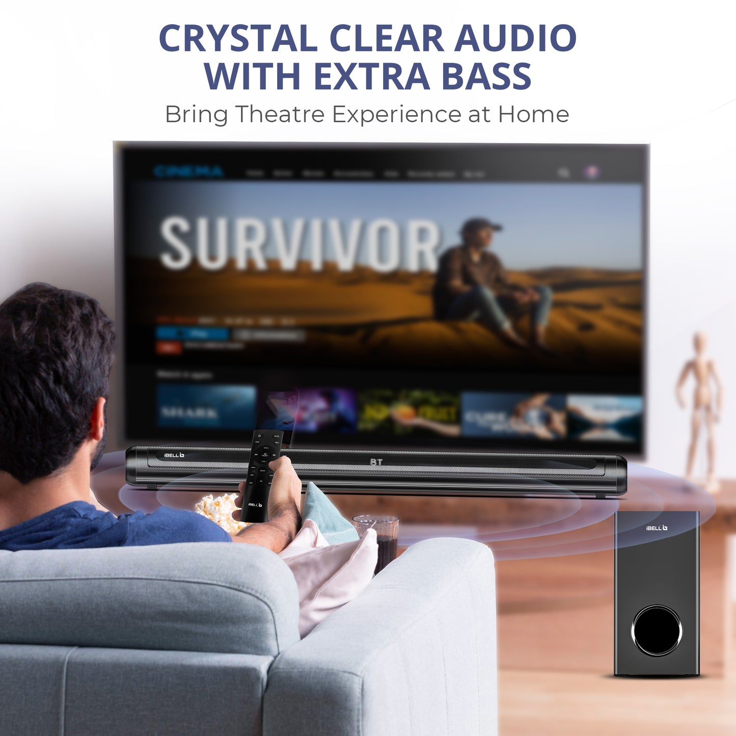 IBELL SONIC120 Bluetooth Soundbar with Woofer, 120W Speaker, Sleek Wall-Mountable Design, Multi-Connectivity ARC, Optical, USB, AUX, Crystal-Clear Home Theatre Audio, Remote Control (Black)