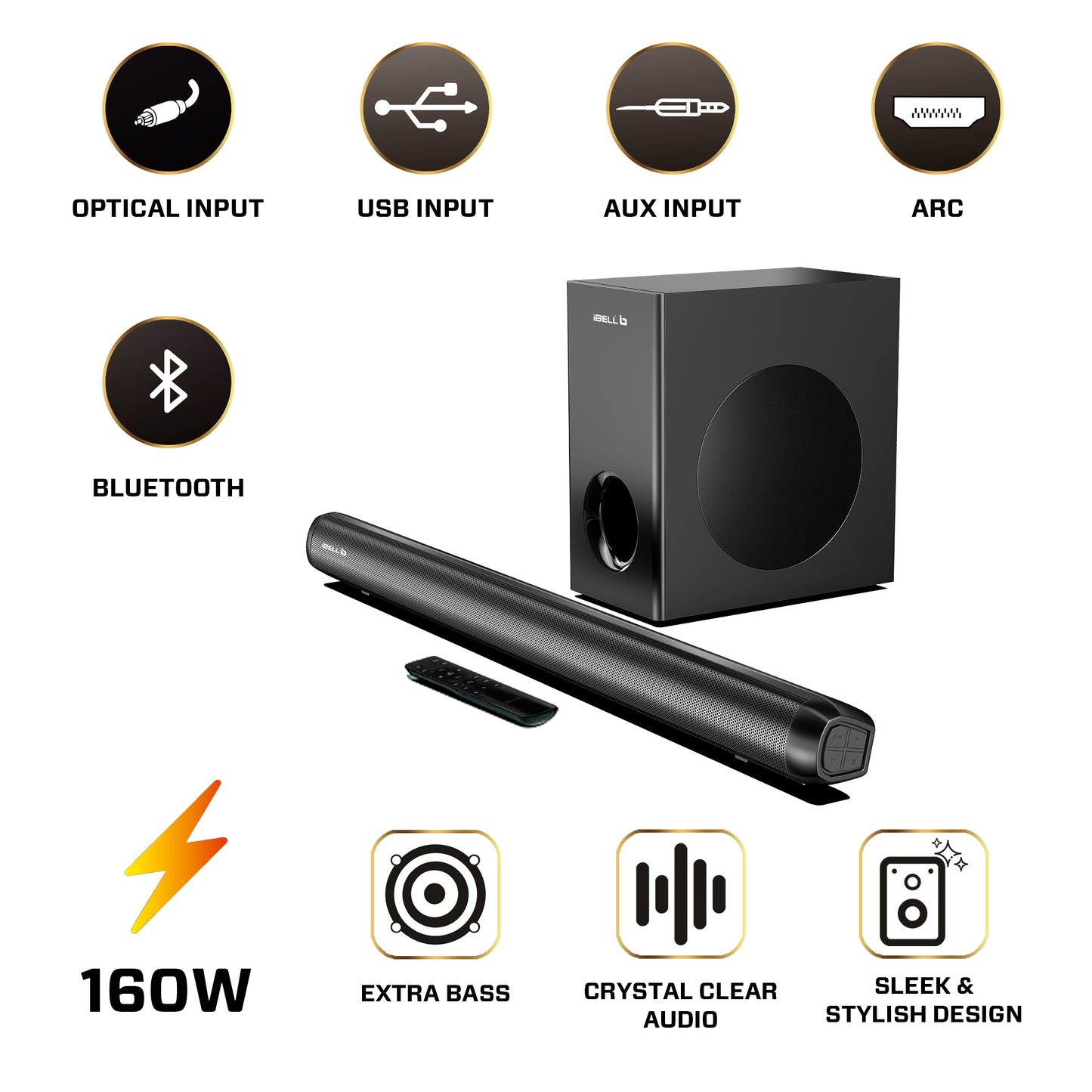 IBELL SONIC160 Bluetooth Soundbar with Woofer, 160W Speaker, Crystal Clear Audio,Bluetooth, AUX, USB, Optical, ARC, Wall-Mountable, Remote Control, Home Theatre Experience (Black)