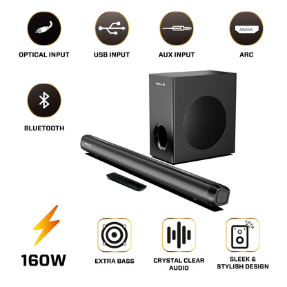 IBELL SONIC160 Bluetooth Soundbar with Woofer, 160W Speaker, Crystal Clear Audio,Bluetooth, AUX, USB, Optical, ARC, Wall-Mountable, Remote Control, Home Theatre Experience (Black)