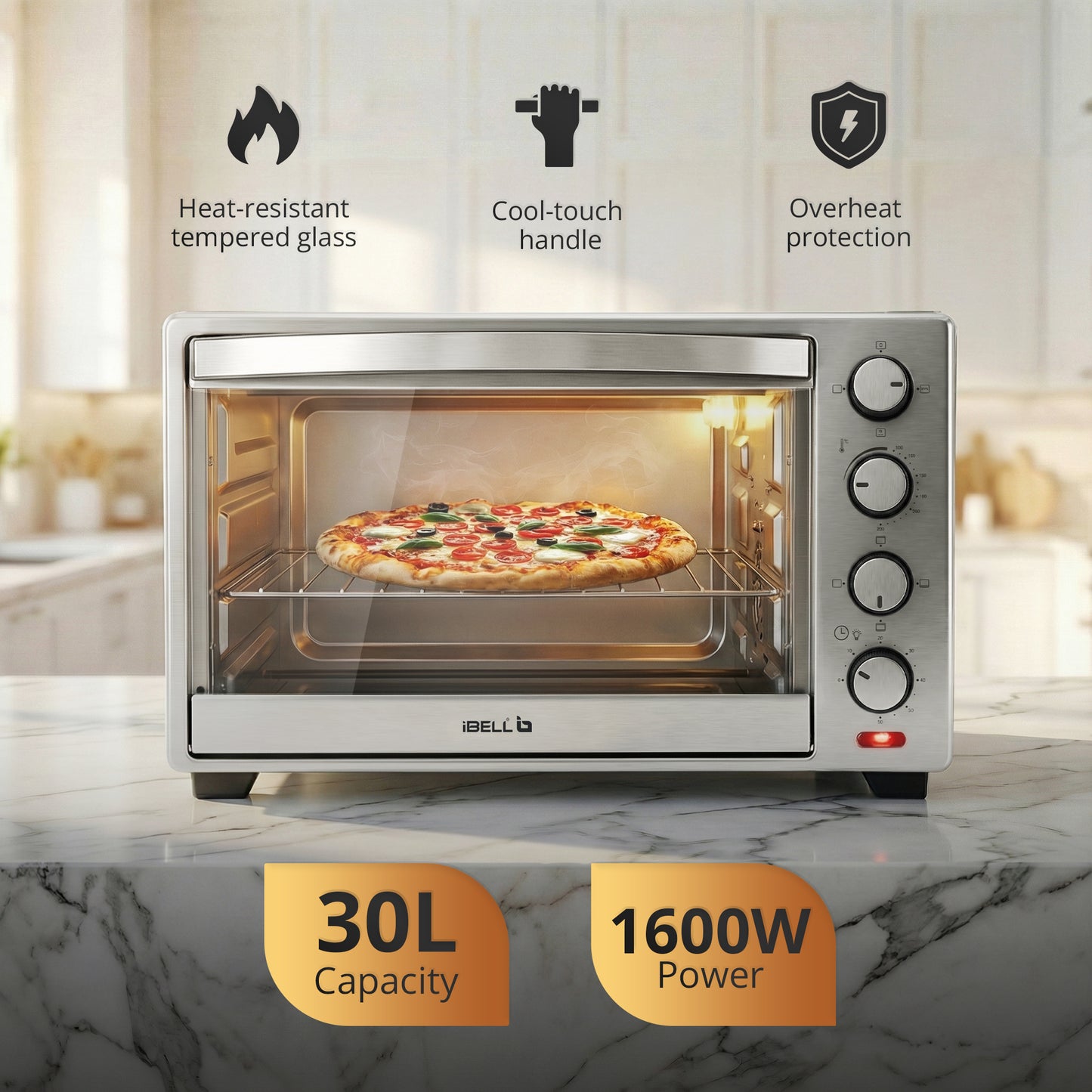 IBELL Oven Toaster Grill OTG, 30 Litre, Stainless Steel Body, Convection Fan, Rotisserie, Adjustable Temperature & Timer, SS30LGDLX (Sliver)