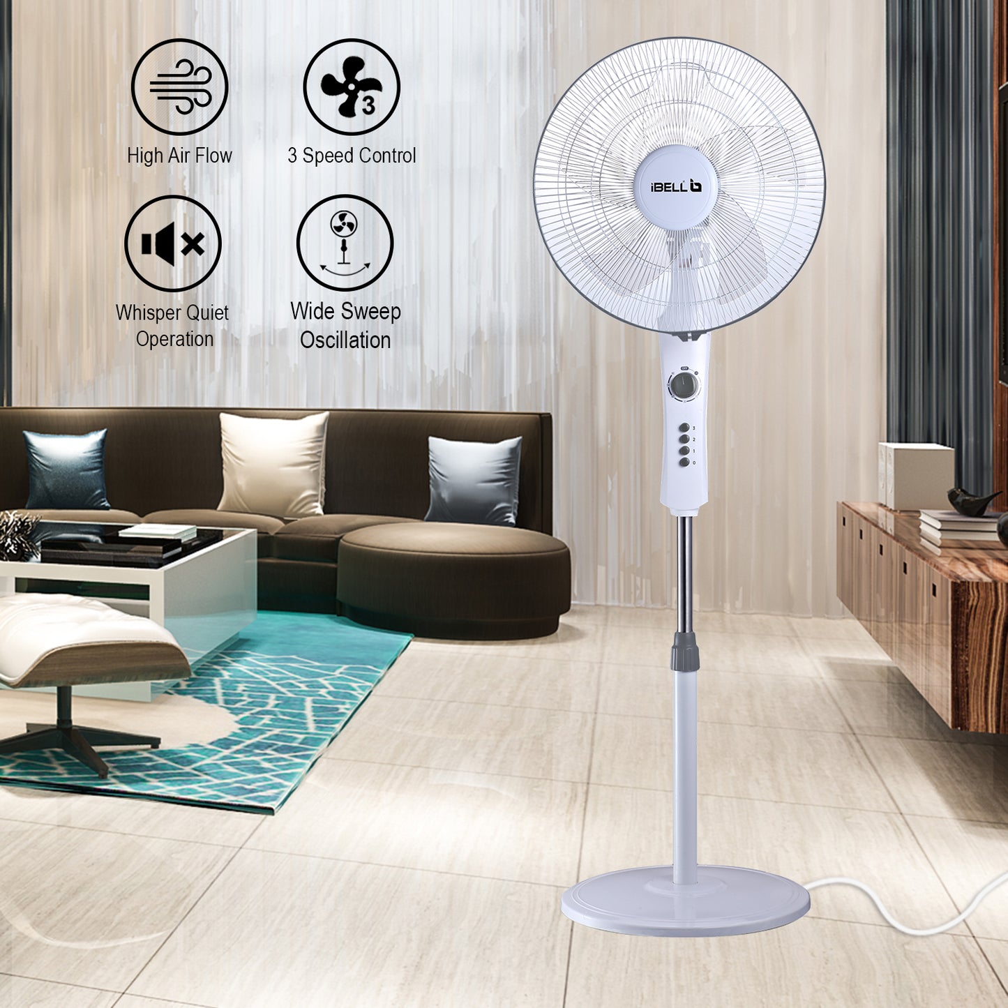 IBELL STORM P10 WHITE High Speed Pedestal Fan, 5 Leaf, 406mm, 2 hour Timer, Stand fan with Copper Motor (White)