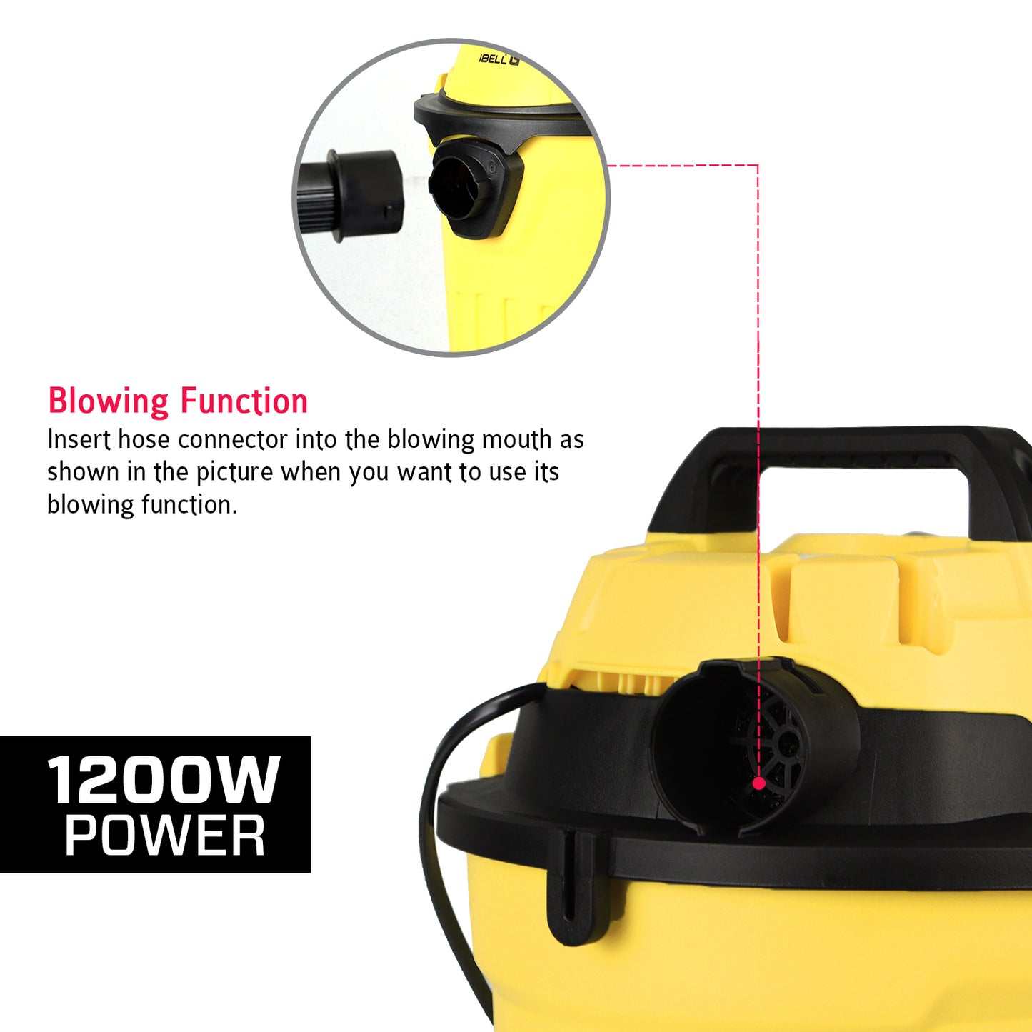 IBELL 120YB Vacuum Cleaner for Home Use, Wet & Dry, 1200W, 12L Capacity, Washable Dust Bag, 21.7 KPa Suction Power, Blower Function (Yellow)
