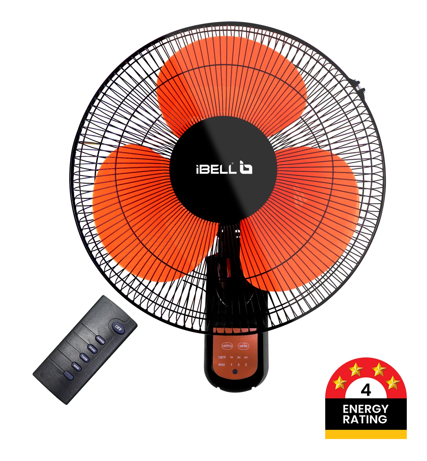 IBELL VIVA03WF High Speed Wall Fan with Remote, 3 Leaf, 406mm, Low Noise Motor (Orange in Black)
