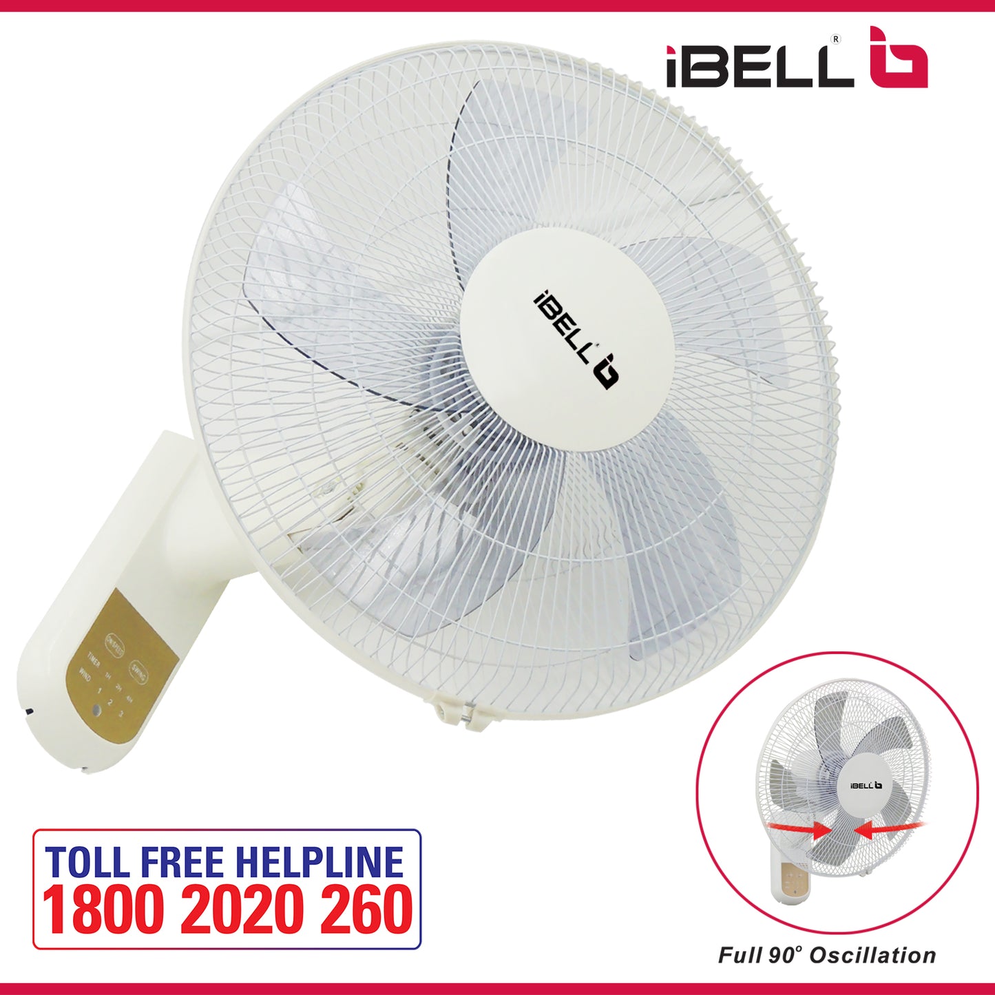 IBELL VIVA High Speed Wall Fan with Remote, 5 Leaf, 406mm, Low Noise Motor, White