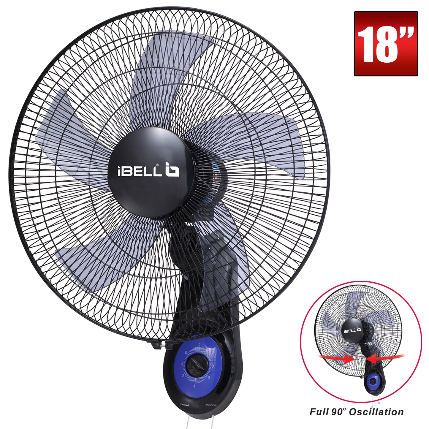 IBELL BLADE WF1980 Premium Wall Fan with 5 Leaf, Low Noise Motor,High Speed - Black, 9 inches