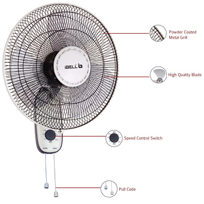 IBELL 9816WF High Speed Wall Fan with 3 Leaf, 406mm, Low Noise Motor (Ivory White)