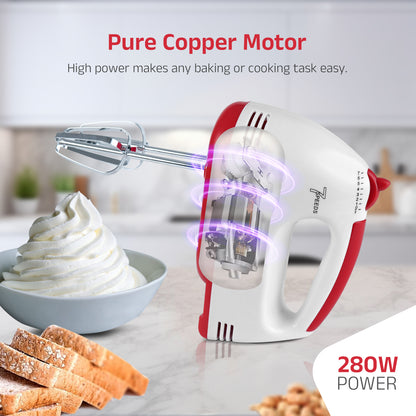 iBELL WHISK280 Hand Mixer, 280W, 7 Speed Control Plus Turbo, Beater/Blender/Electric Cream Maker for Cakes, stainless, Dough Hooks (White)